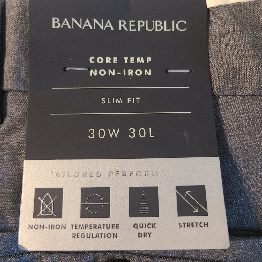 NWT BANANA REPUBLIC Core Temp Non Iron Slim Fit Pants 30x30 Gray Mens trouser